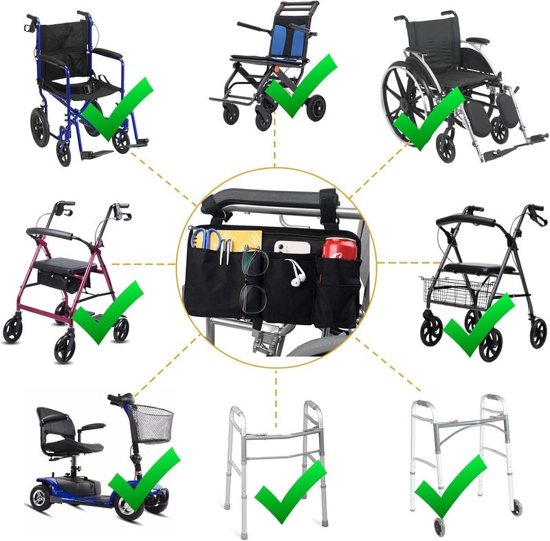Royitay Wheelchair Side Bag with Cup Holder,Wheelchair Armrest Accessories Storage Pouch for Rollator，Walker，Power Wheelchairs，Nylon Walker Side Bag, Black - Image 5